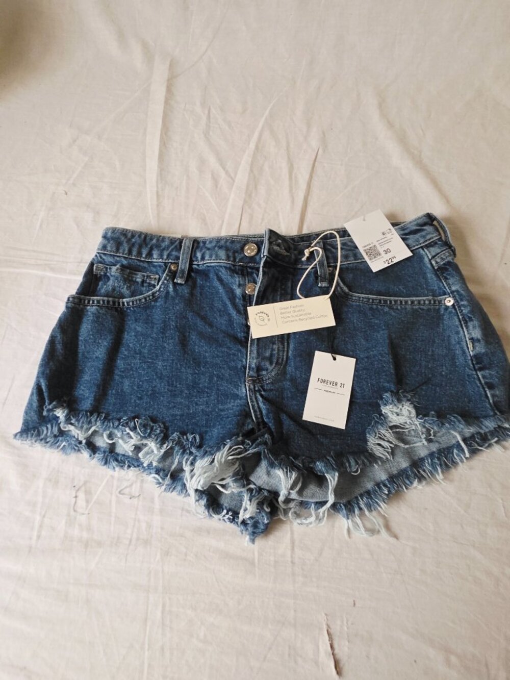 NWT! Forever 21 Recycled Cotton Jean Shorts with Ragged Hem & Button Closure